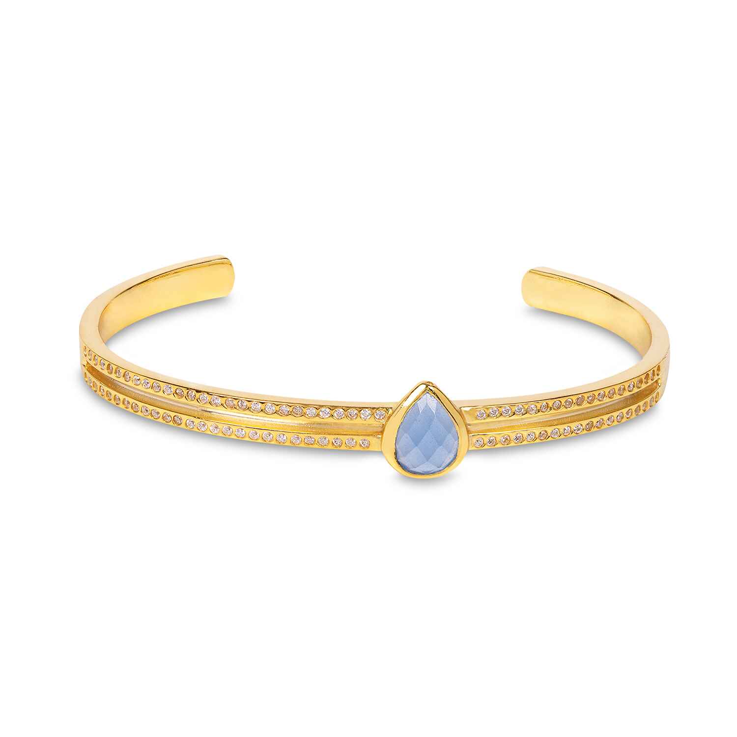 Designed with comfort, luxury and everyday wear in mind,the Athena Gold Cuff With&nbsp;&nbsp;Blue Chalcedony Diamonds is a sleek and lustrous bangle featuring hand cut pavé-set lab grown diamonds and sustainably sourced blue gemstone. The perfect base layer for your wrist stack.