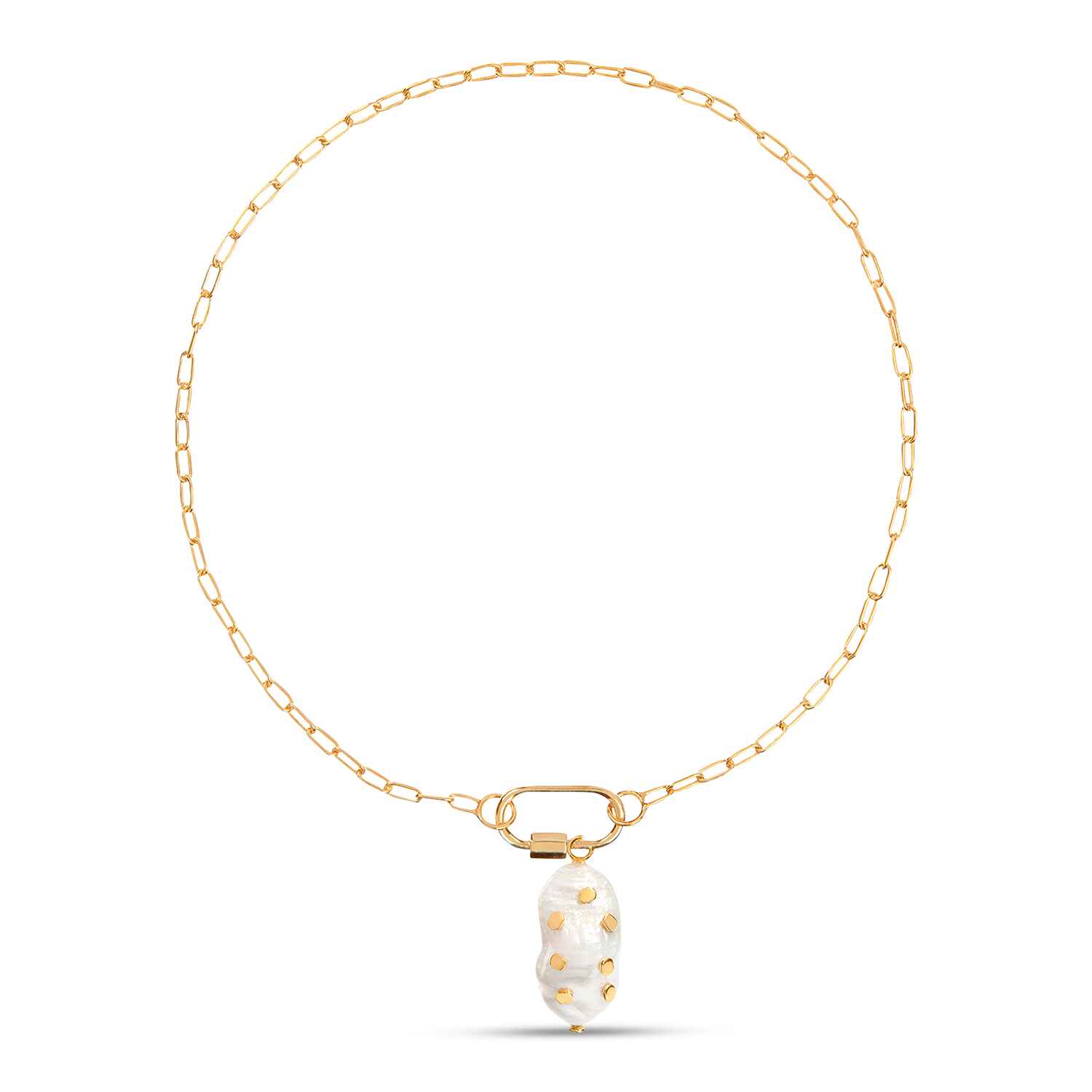 Our Daphne Gold Paperclip Chain Necklace With Barnacle Pendant is an absolute must-have. This chain necklace has a lock that you can open to add a charm to the existing vintage pearl adorned with gold chips.
