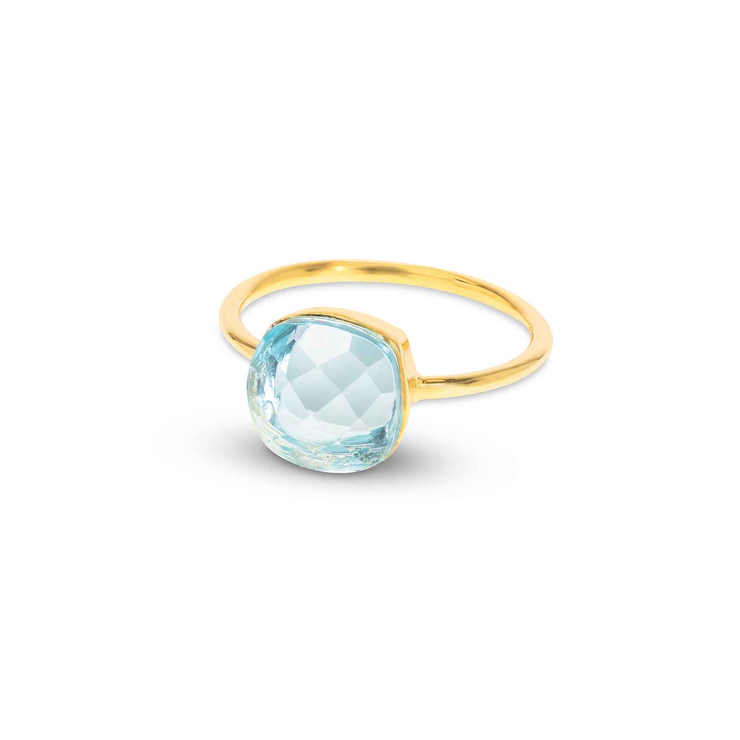 The Sophia Blue Topaz Gold Ring is embellished with a raised and faceted vintage gemstone. This sustainable jewellery piece is best paired with the same style ring with different gemstones.