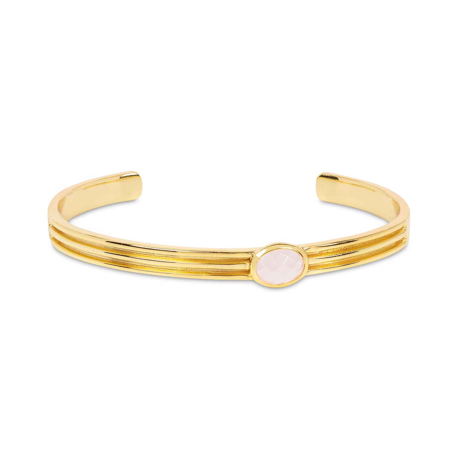 Handmade with sustainably sourced materials, the Athena Gold Cuff Bracelet With Rose Quartz is a sleek and lustrous bangle featuring an oval rose quartz gemstone. The perfect base layer for your daily wrist stack.