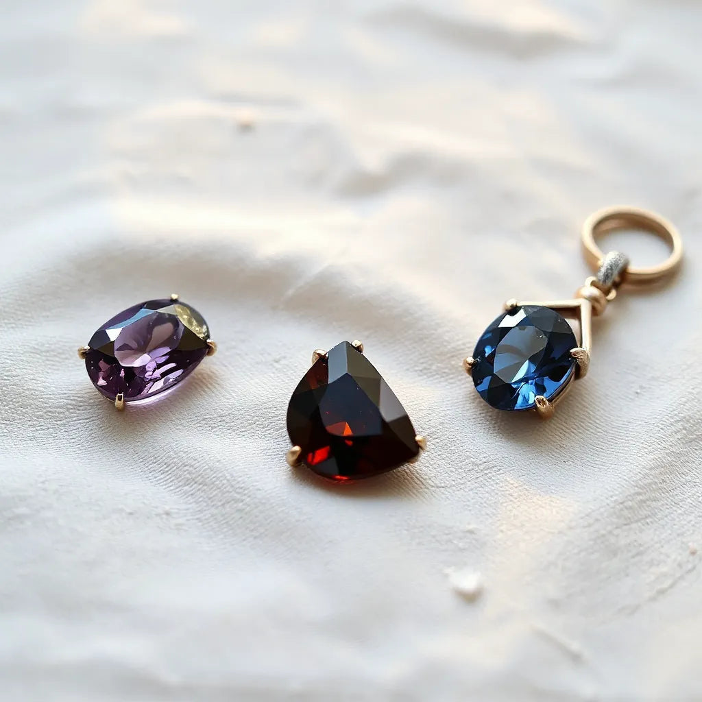 Vintage gemstones in antique-inspired settings on neutral fabric under soft window light