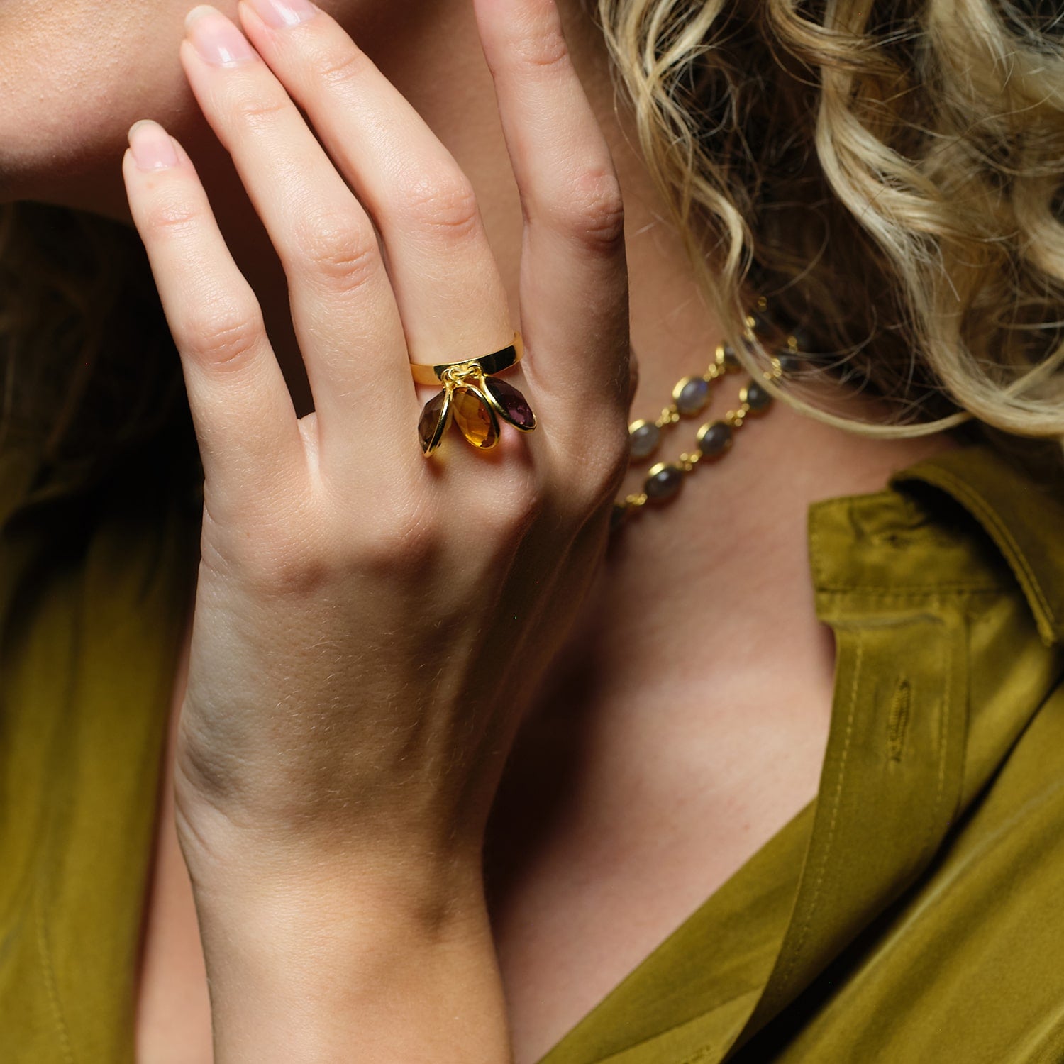 Add a little something special to your ring stack with this one. Made from recycled 18K gold vermeil, this size adjustable ring adds a statement with three gemstones: Amethyst, citrine and smokey quartz.The perfect burst of colour for any outfit.&nbsp;