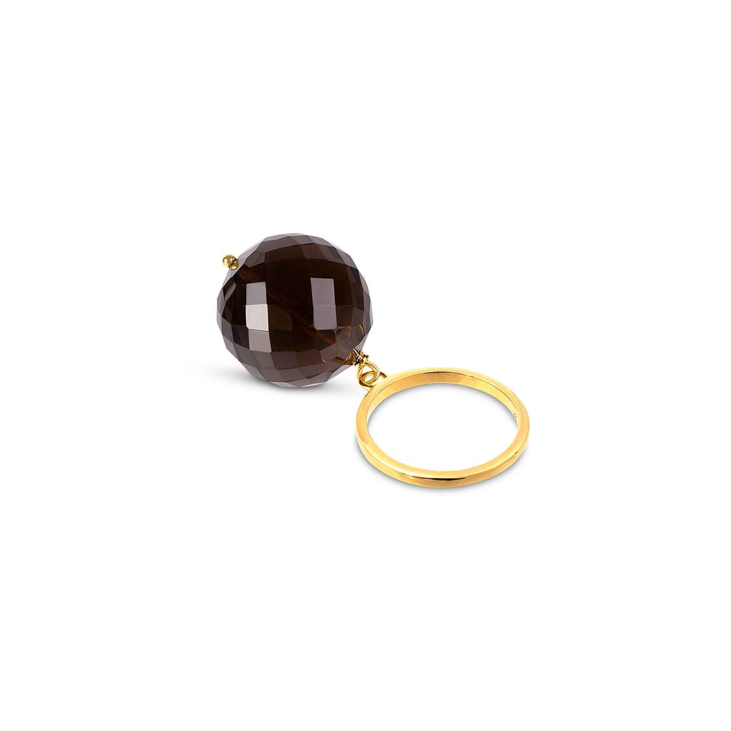 The Bubble Smokey Quartz Ring features a translucent variety of quartz that ranges in clarity from almost complete transparency to an almost-opaque brownish-grey crystal. The perfectly round gemstone is recycled from a vintage jewellery piece and is attached to a fully size adjustable gold ring.