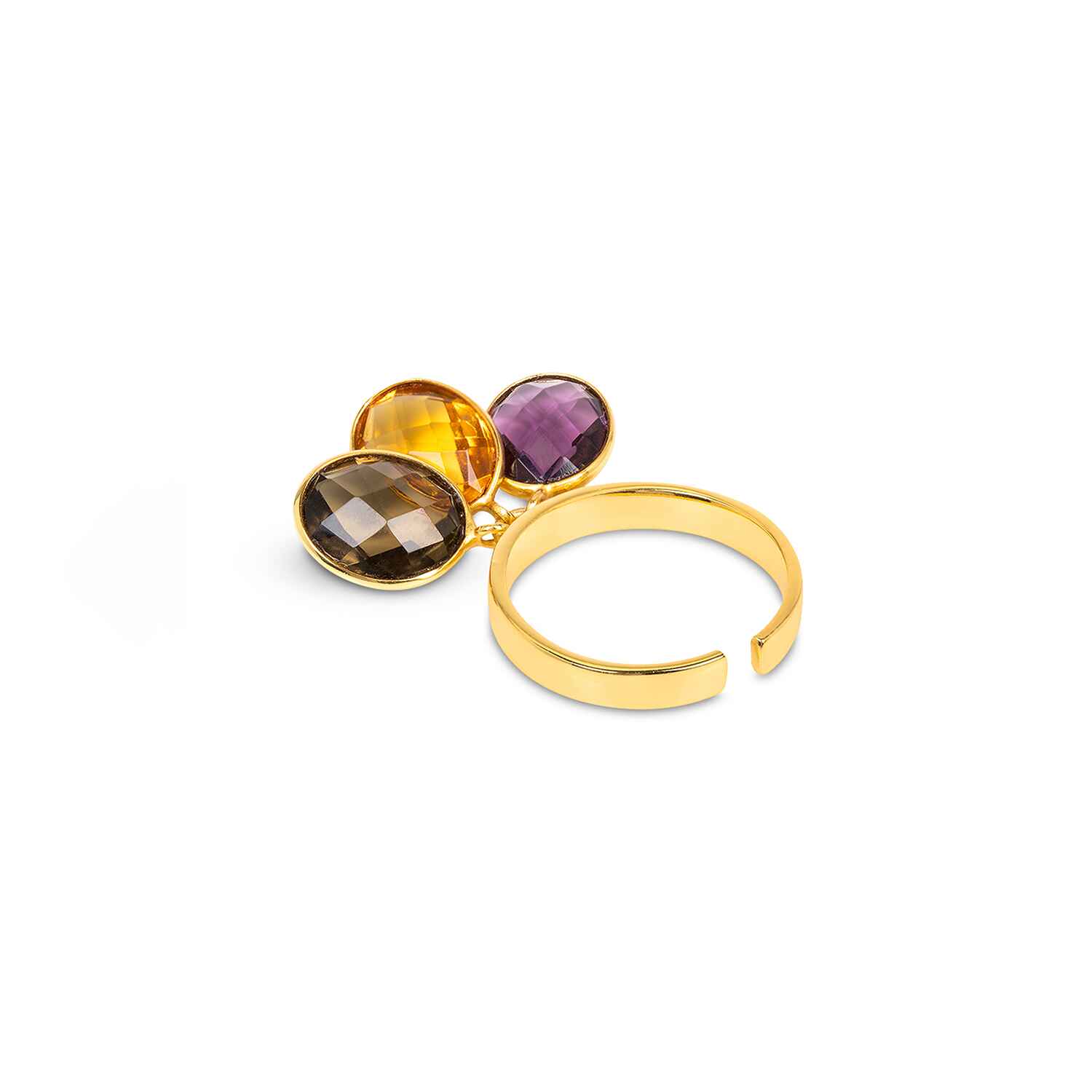 Add a little something special to your ring stack with this one. Made from recycled 18K gold vermeil, this size adjustable ring adds a statement with three gemstones: Amethyst, citrine and smokey quartz.The perfect burst of colour for any outfit.