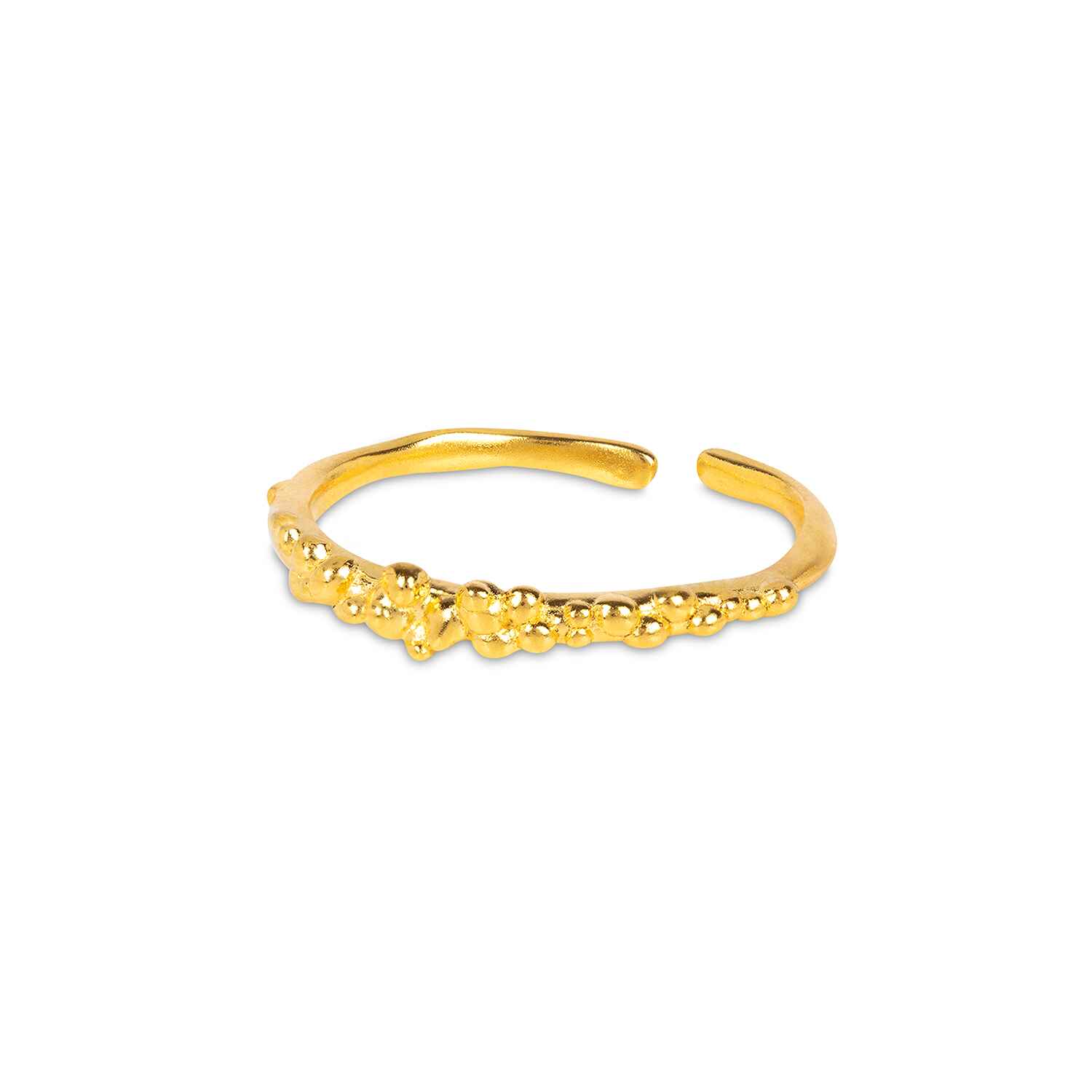 The Caviar ring is a size adjustable stacking band formed of tiny gold balls jotted across the ring. Handmade with recycled 18k gold vermeil it is best worn in multiples on different fingers to flatter the line of the hand