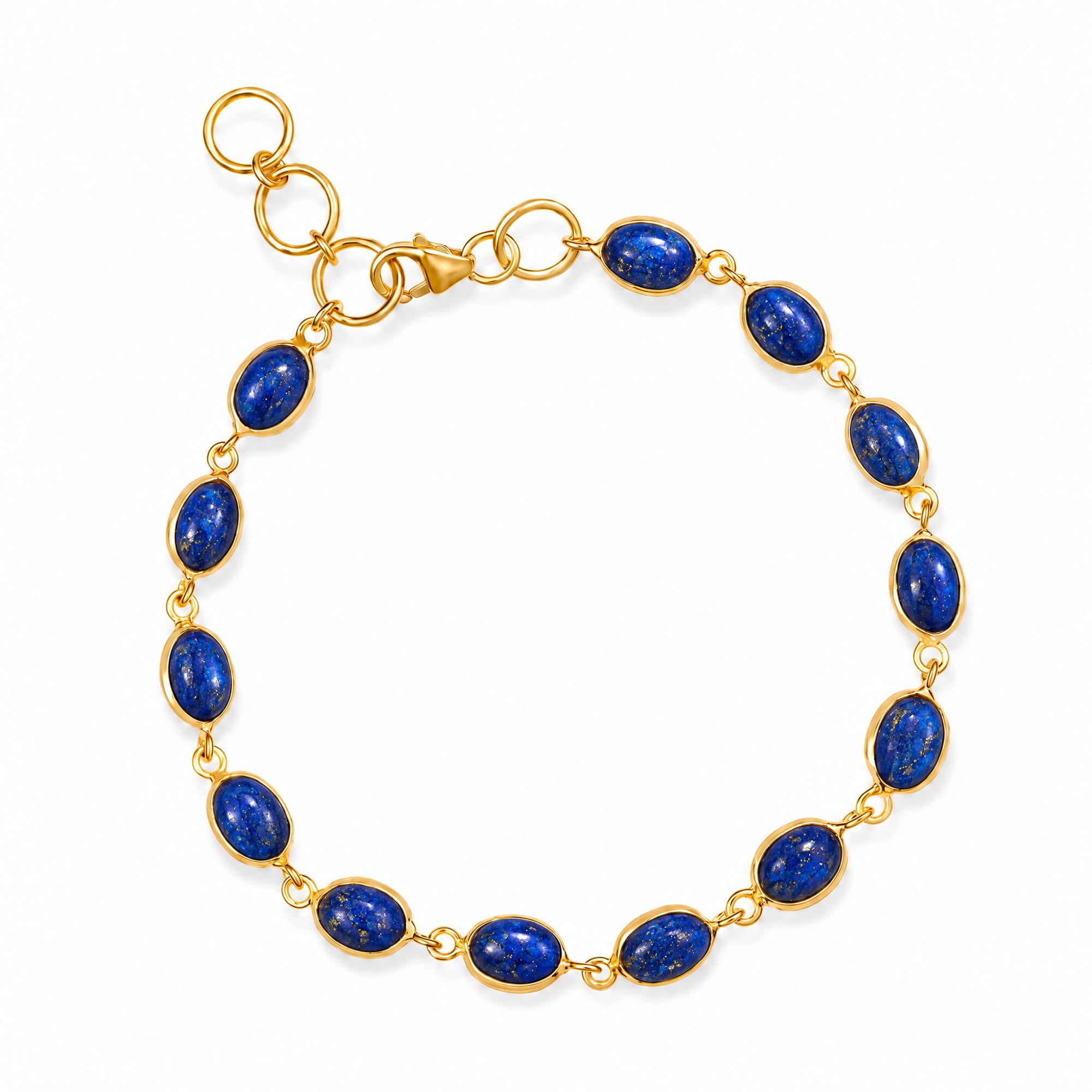 A gold-plated bracelet featuring oval blue lapis lazuli stones, displayed on a clean white background.