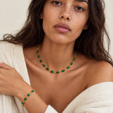A close-up lifestyle shot of a woman wearing a gold necklace and matching bracelet with green oval stones, paired with a cream knit sweater.