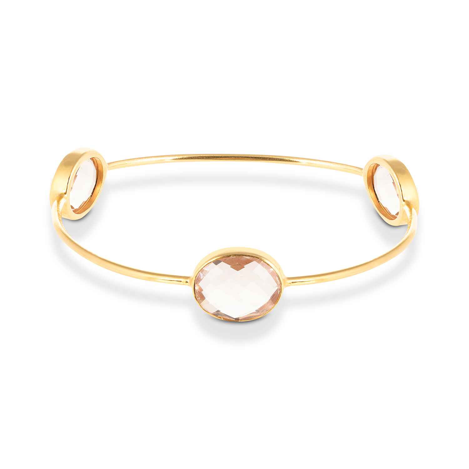 Our Sasha Gold Bangle With Pink Quartz Gemstones is handmade with recycled materials for minimal environmental impact. Adorned with three stunning vintage pink quartz gemstones, this bangle catches the light with your every move.