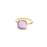 The Sophia Amethyst Gold Ring is embellished with a raised and faceted vintage gemstone. This sustainable jewellery piece is best paired with the same style ring with different gemstones.
