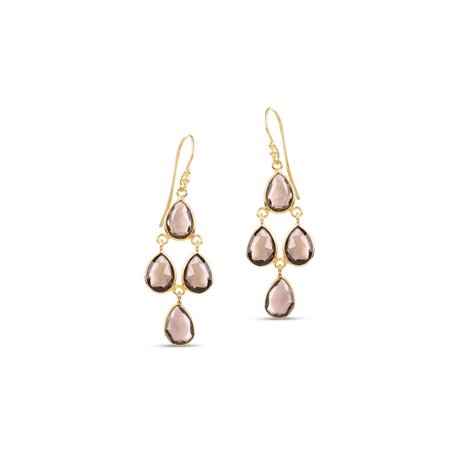 The Sophia Smokey Quartz Chandelier Earrings feature four pear shaped multifaceted vintage gemstones. Simple, elegant but standout these sustainable earrings are a must-have.
