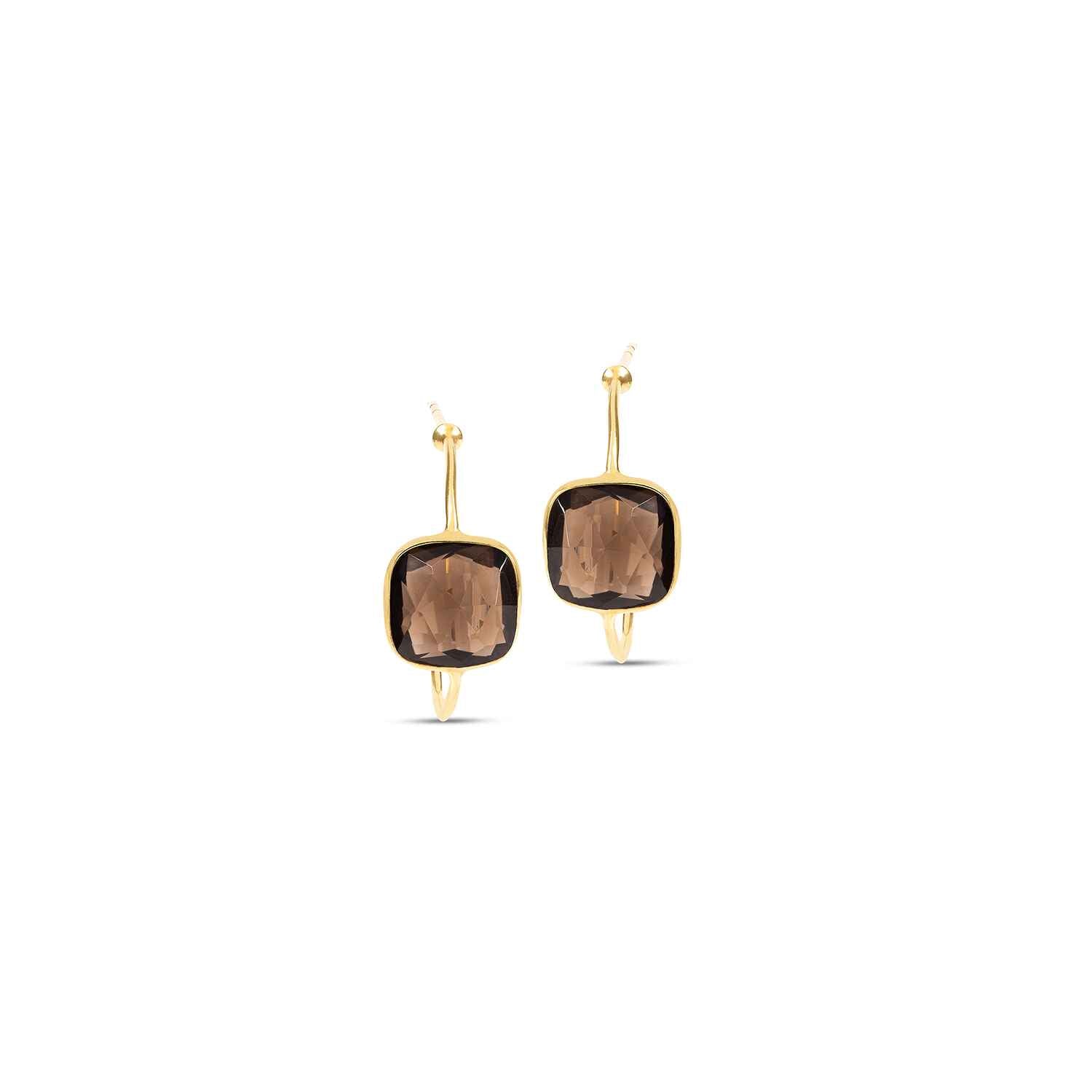 The Sophia Smokey Quartz Gold Earrings are elegant sustainable gold hoops adorned with a vintage gesmtone which creates a distinctive focal point.