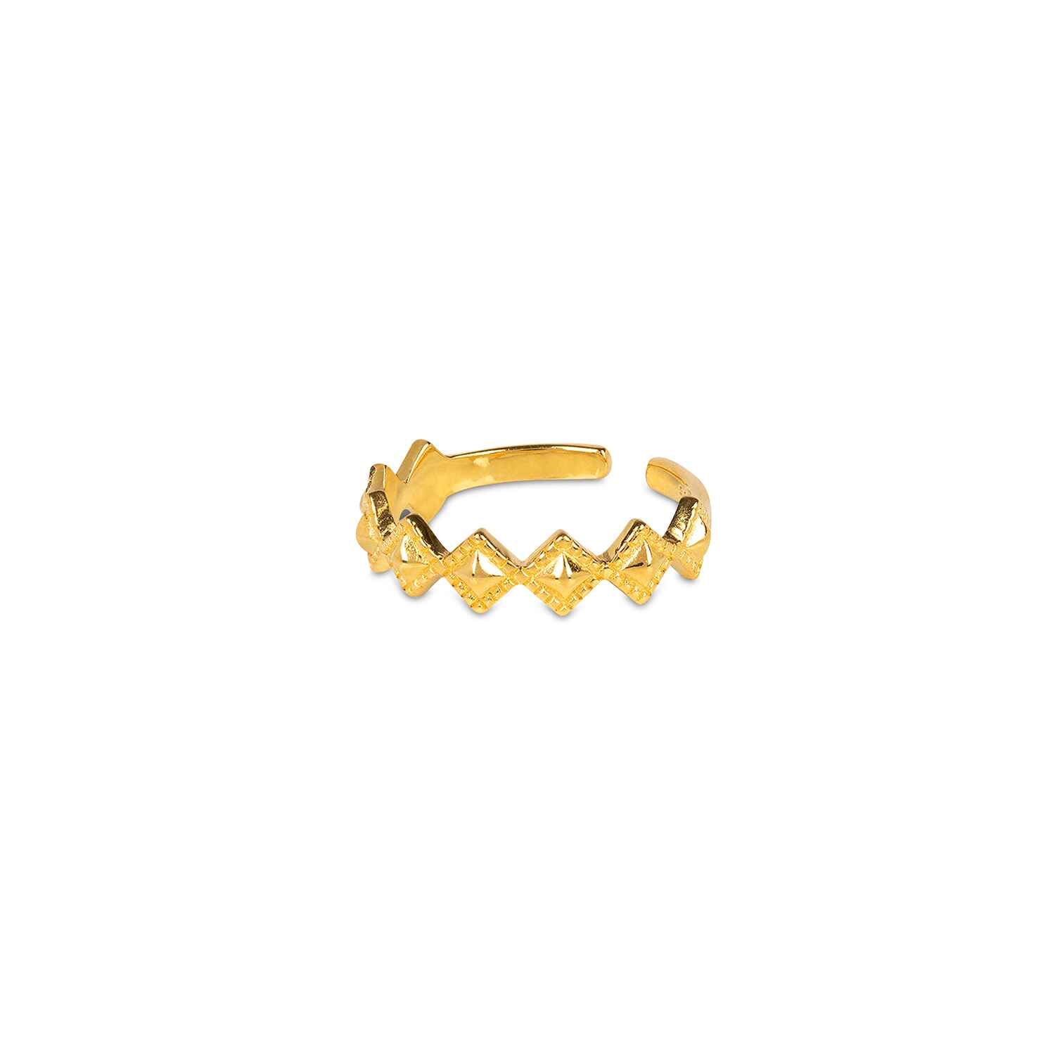 The Tellus Gold Stacking Ring is embellished with a triangular design and is fully size adjustable. Handmade with sustainable materials, this stacking ring is high polished in 18k gold.
