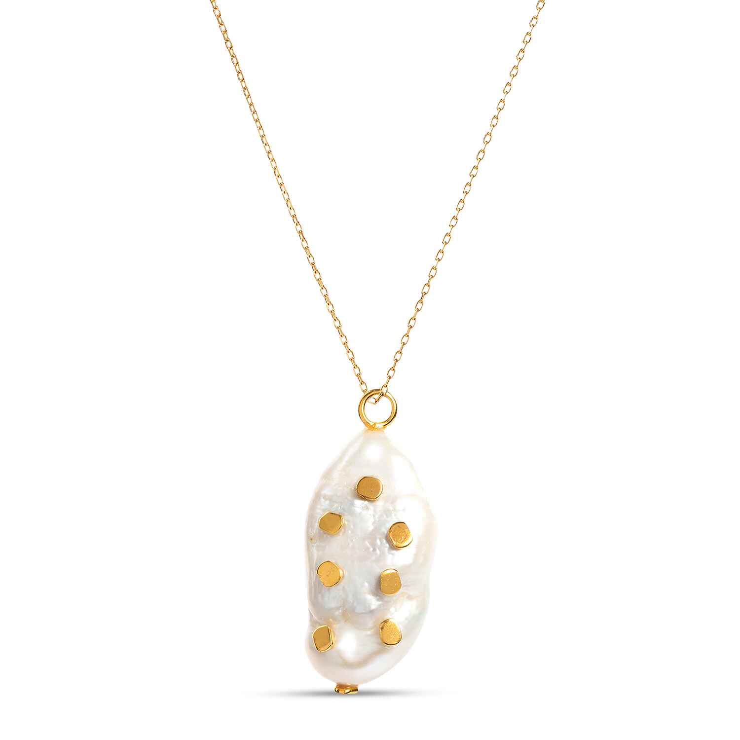 The Venus gold chain necklace showcases a large vintage Keshi pearl with tiny gold chips called barnacles. This elegant sustainable necklace features a unique shaped pearl, so no two are the same.