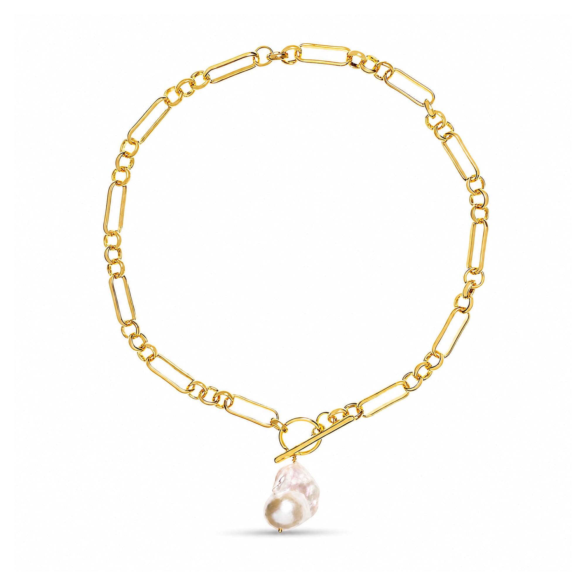 A gold paperclip chain necklace with a toggle clasp and a dangling baroque pearl, shown on a clean white background.
