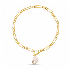 A gold paperclip chain necklace with a toggle clasp and a dangling baroque pearl, shown on a clean white background.