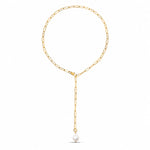 A gold chain necklace with a paperclip link design, featuring a Y-shaped drop that ends in a single white pearl pendant, shown against a plain white background.