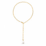 A gold chain necklace with a paperclip link design, featuring a Y-shaped drop that ends in a single white pearl pendant, shown against a plain white background.