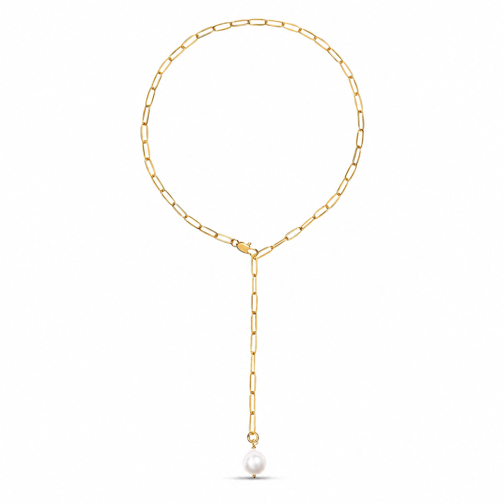 A gold chain necklace with a paperclip link design, featuring a Y-shaped drop that ends in a single white pearl pendant, shown against a plain white background.