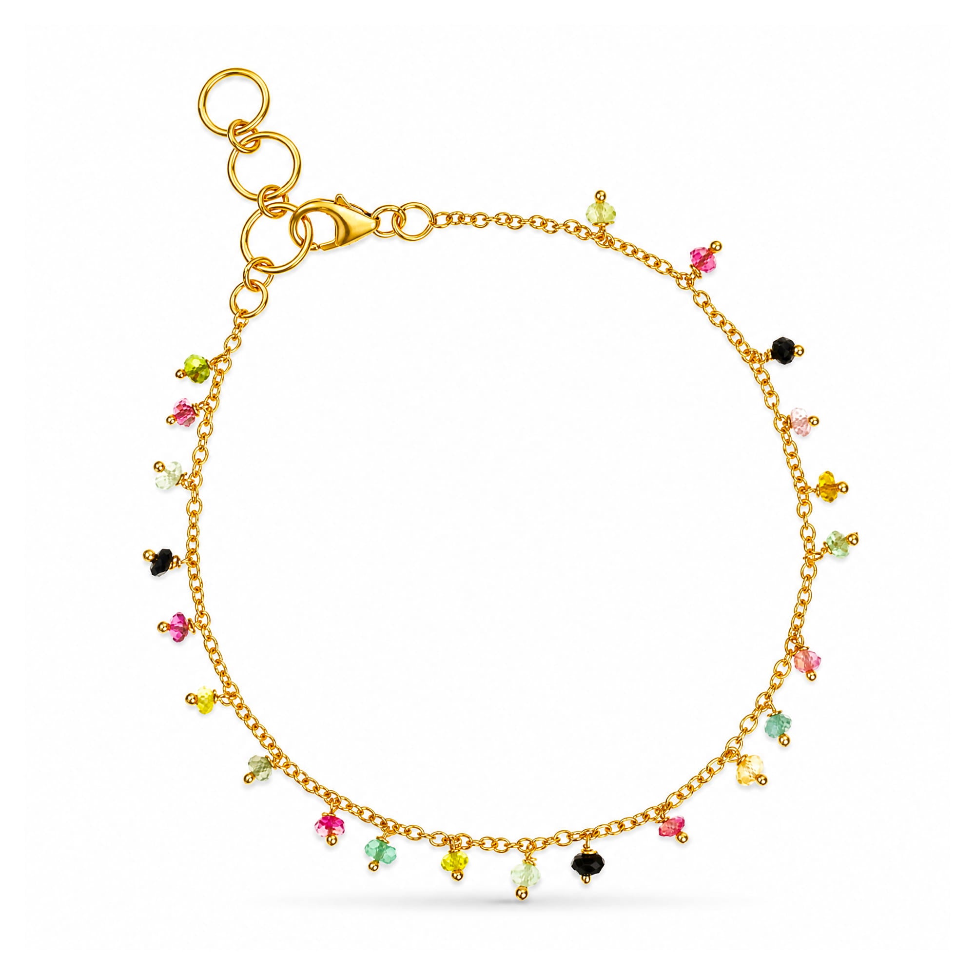 A delicate gold chain anklet with a lobster clasp and adjustable rings, decorated with small, colorful dangling beads in pink, green, yellow, black, and white, shown on a plain white background.