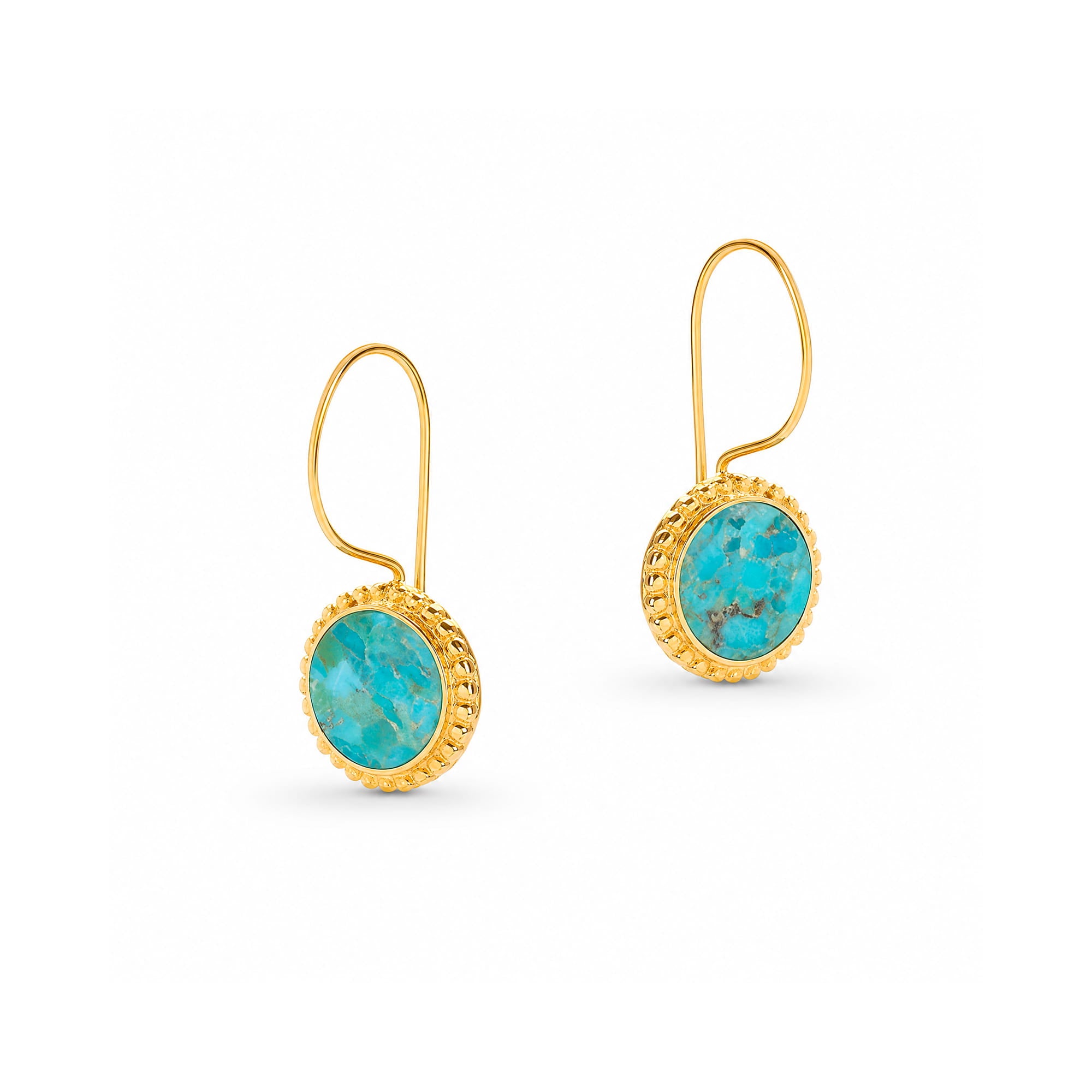 A pair of gold drop earrings with oval turquoise-blue stones in a textured bezel setting, shown on a clean white background.