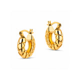 A pair of gold hoop earrings with a textured, woven basketweave design, shown on a clean white background.