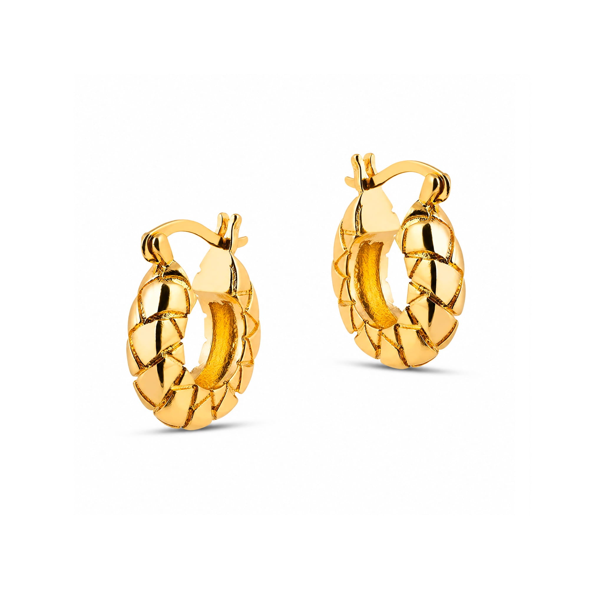 A pair of gold hoop earrings with a textured, woven basketweave design, shown on a clean white background.