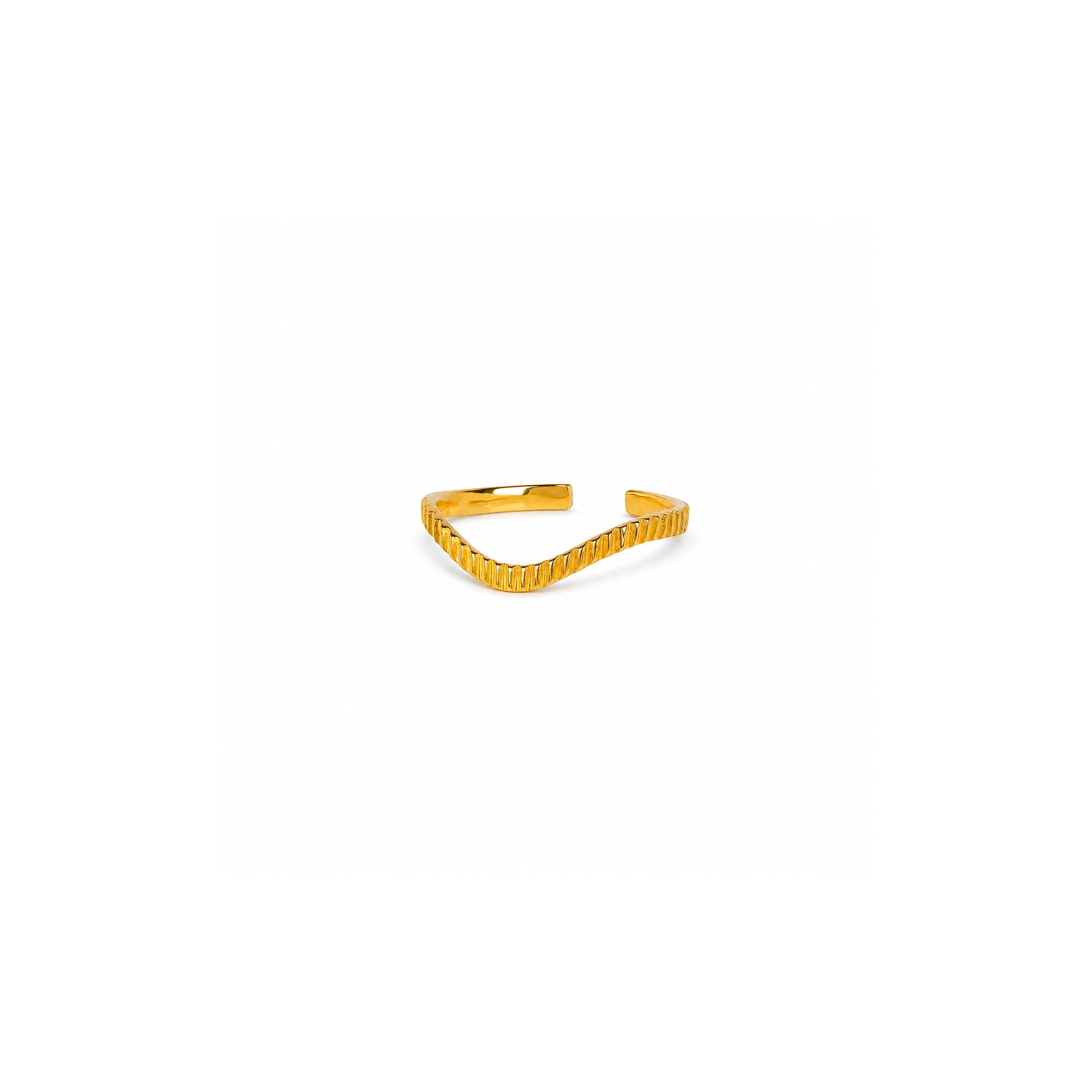 A gold open cuff ring with a textured, wavy pattern, shown on a plain white background.