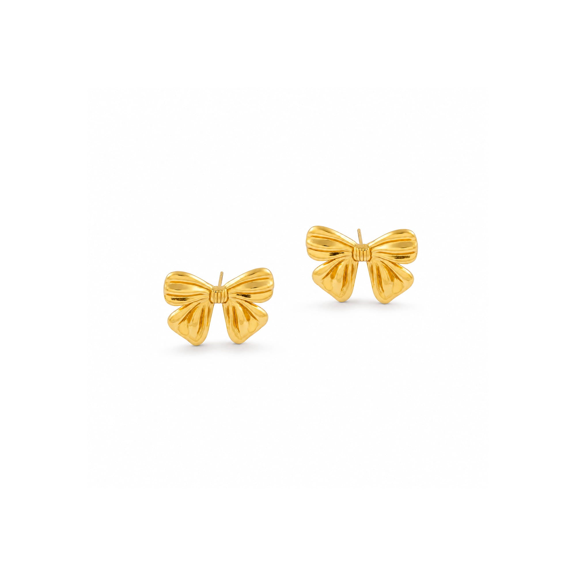 A pair of gold bow stud earrings with a textured, ribbed surface and post backs, displayed on a clean white background.