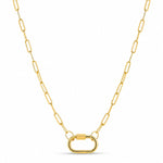 A gold paperclip chain necklace with a large oval link clasp, displayed on a clean white background.