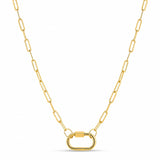 A gold paperclip chain necklace with a large oval link clasp, displayed on a clean white background.