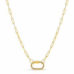 A gold paperclip chain necklace with a large oval link clasp, displayed on a clean white background.