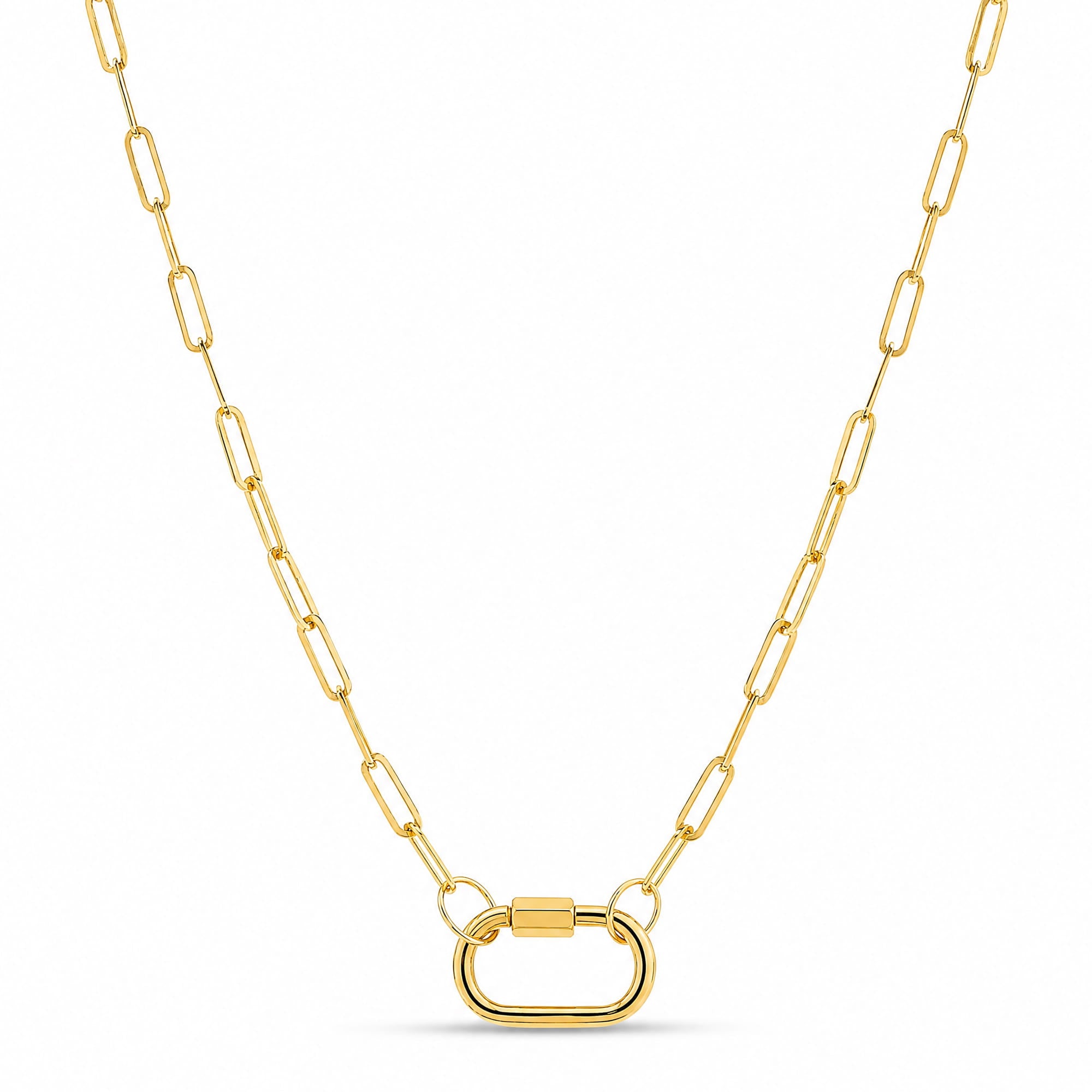 A gold paperclip chain necklace with a large oval link clasp, displayed on a clean white background.