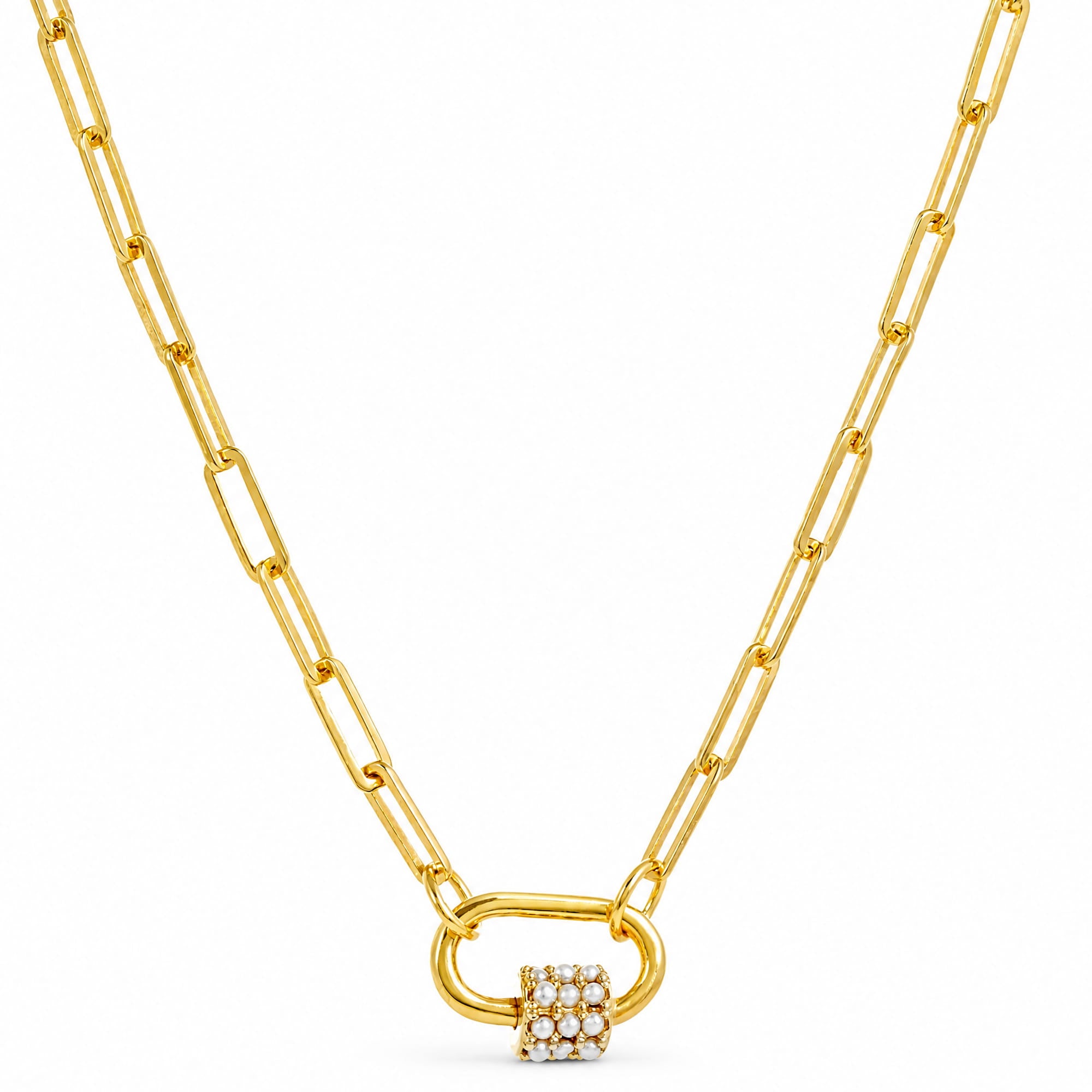 A gold paperclip chain necklace with a padlock pendant encrusted with small clear gemstones, shown on a plain white background.