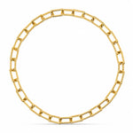 A gold chain necklace with elongated rectangular links, arranged in a circle on a clean white background.