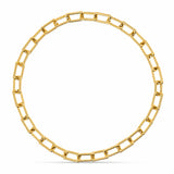 A gold chain necklace with elongated rectangular links, arranged in a circle on a clean white background.