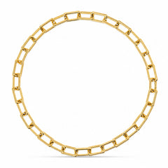 A gold chain necklace with elongated rectangular links, arranged in a circle on a clean white background.