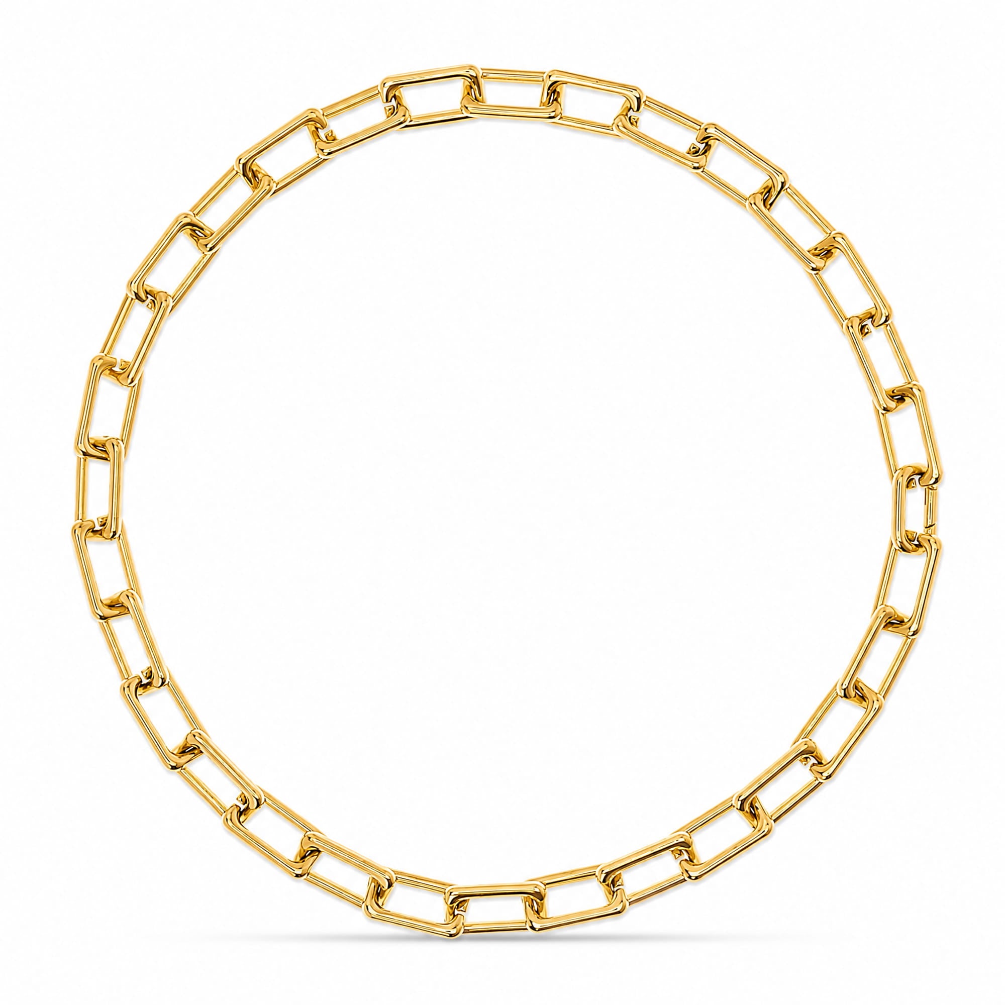 A gold chain necklace with elongated rectangular links, arranged in a circle on a clean white background.