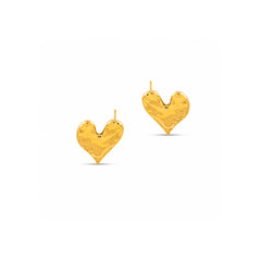 A pair of textured gold heart stud earrings on a clean white background.