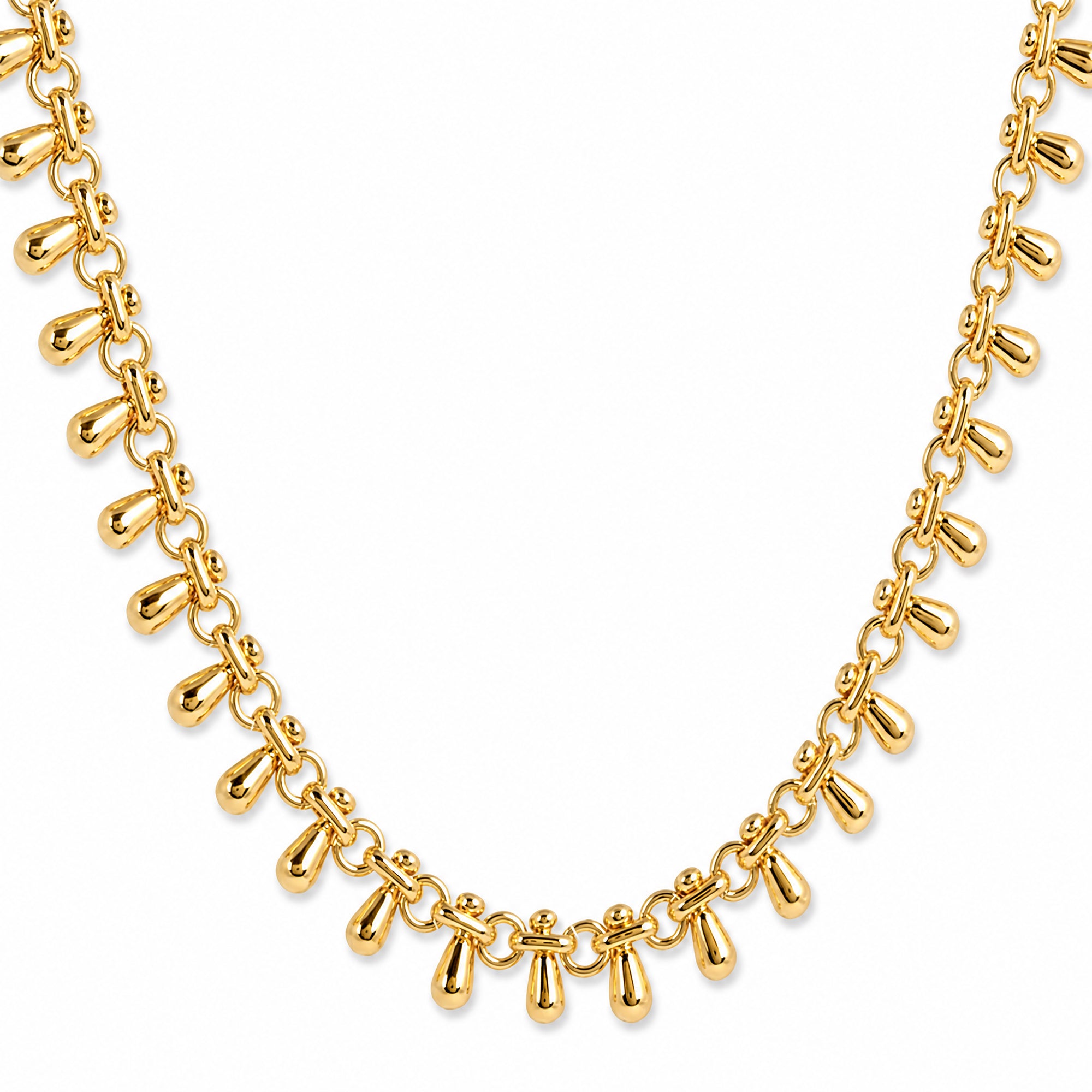 A gold chain necklace featuring repeating teardrop-shaped links, shown against a plain white background.