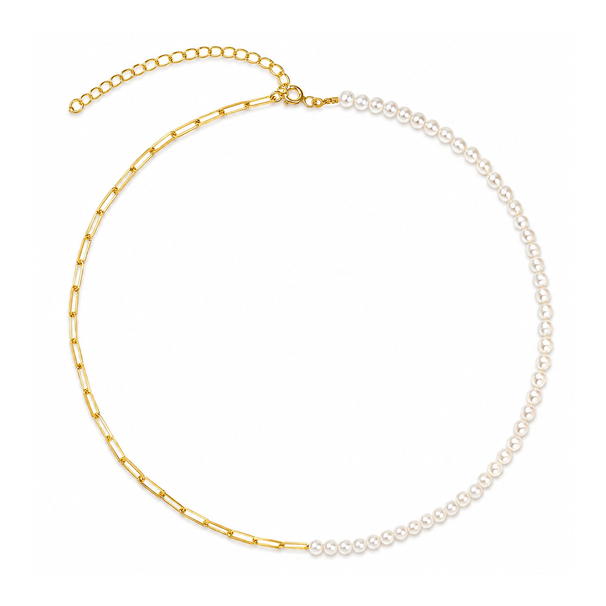 A gold chain necklace with one half adorned with small white freshwater pearls, displayed on a clean white background.