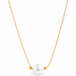 A delicate gold chain necklace featuring a single white pearl pendant flanked by two small gold beads, shown against a plain white background.