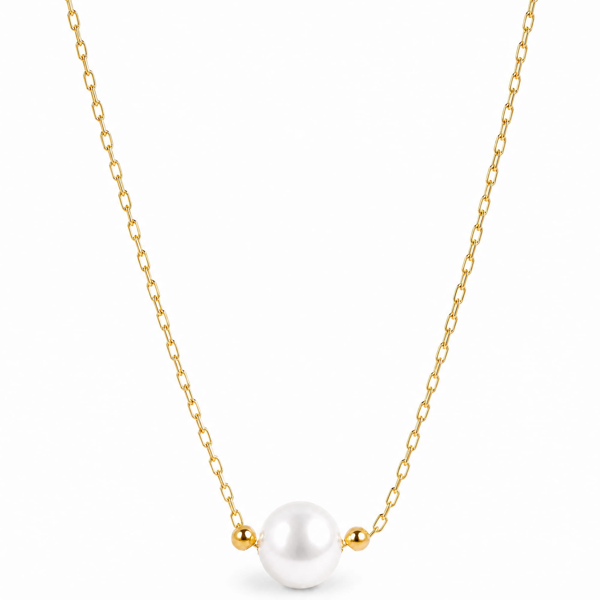 A delicate gold chain necklace featuring a single white pearl pendant flanked by two small gold beads, shown against a plain white background.