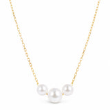 A delicate gold chain necklace featuring three white freshwater pearls arranged in a V-shape pendant, set against a clean white background.