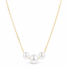 A delicate gold chain necklace featuring three white freshwater pearls arranged in a V-shape pendant, set against a clean white background.