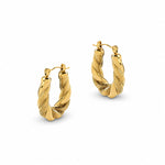 A pair of textured gold hoop earrings with a twisted, rope-like design, shown on a clean white background.