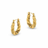 A pair of textured gold hoop earrings with a twisted, rope-like design, shown on a clean white background.