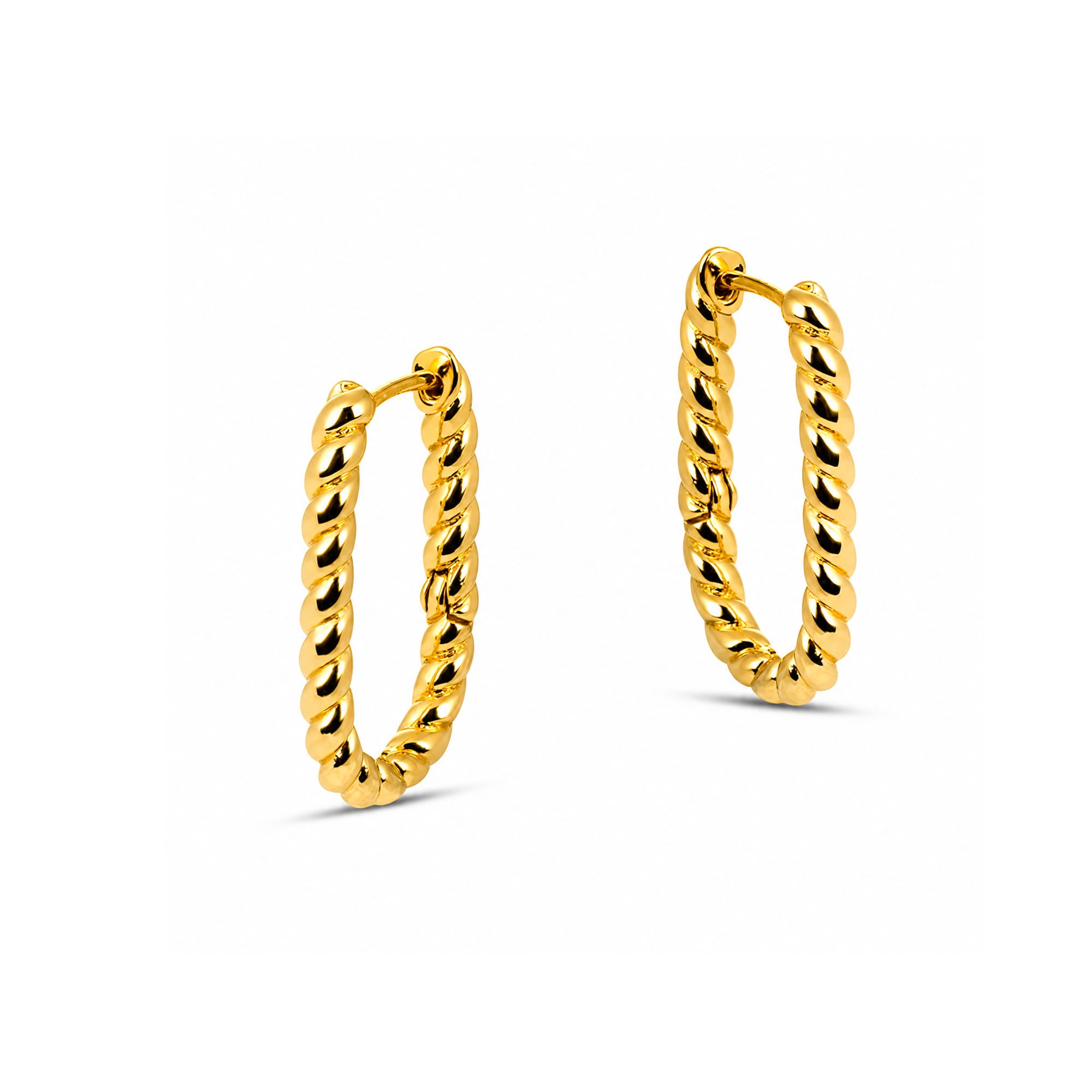 A pair of gold hoop earrings with a textured, twisted rope-like finish, displayed on a clean white background.