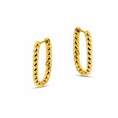 A pair of gold hoop earrings with a textured, twisted rope-like finish, displayed on a clean white background.