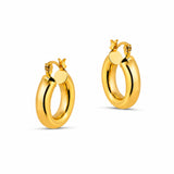 A pair of polished yellow gold hoop earrings with a small butterfly detail on the back, displayed on a clean white background.