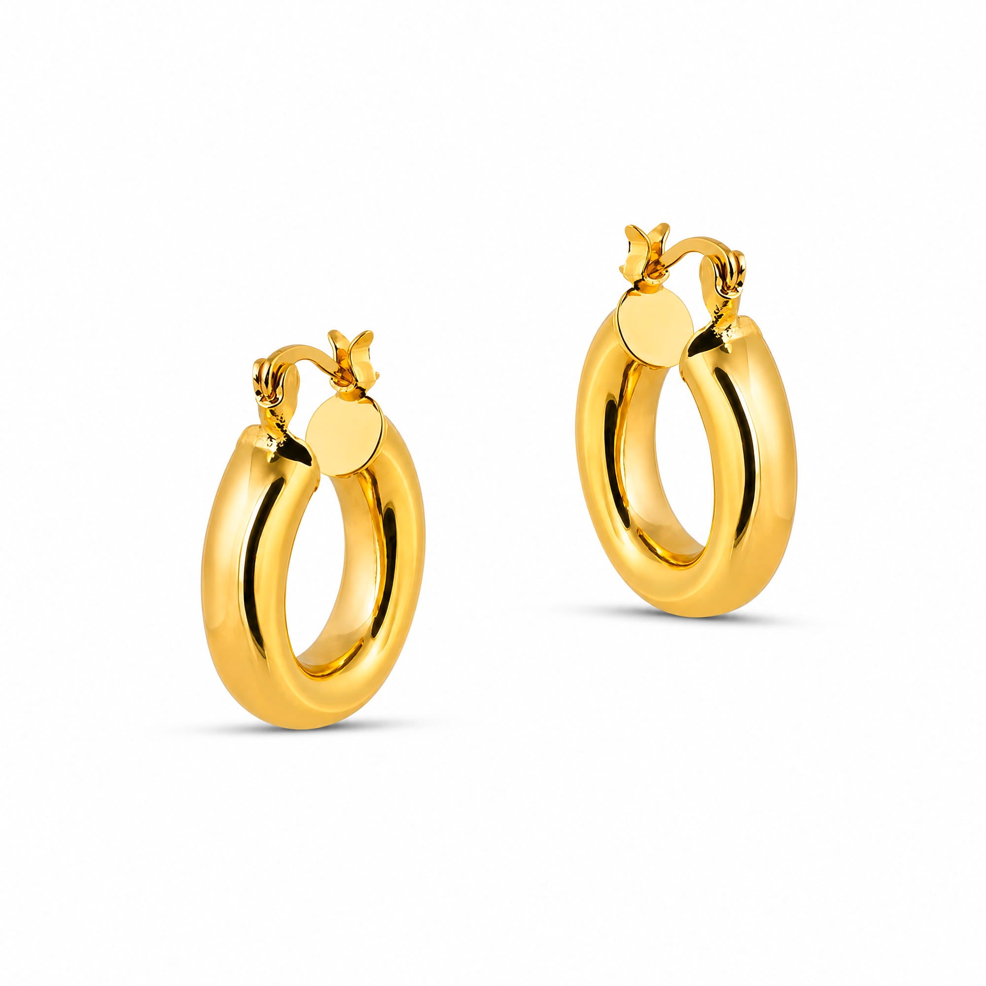A pair of polished yellow gold hoop earrings with a small butterfly detail on the back, displayed on a clean white background.